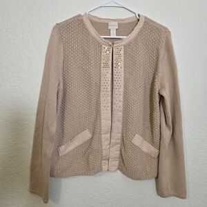 Chicos Light Pink Shimmer Open Front Sweater W Rhinestones Cotton Blend Size Lg